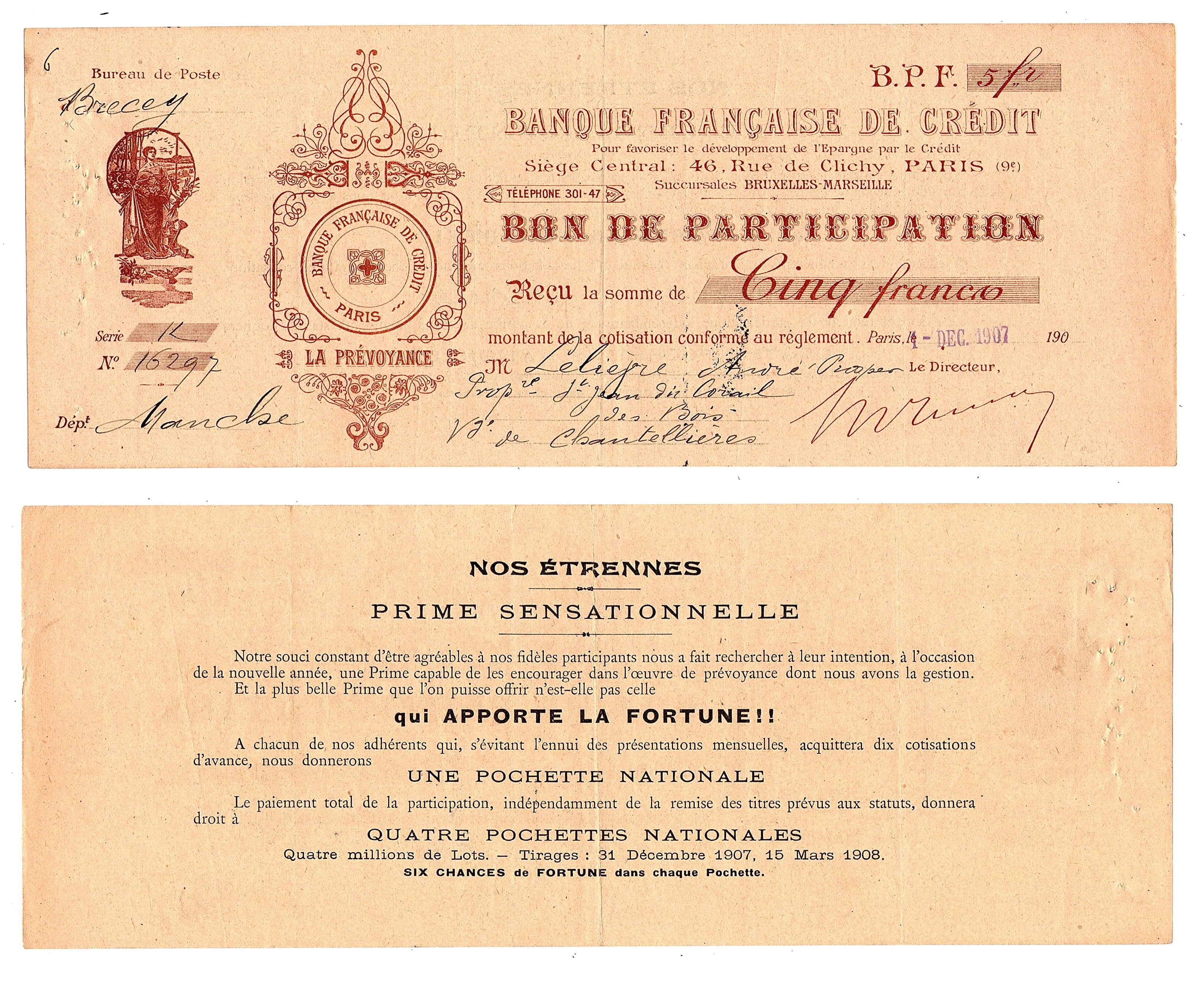 France #Bank Credit in Paris 1907/VF1